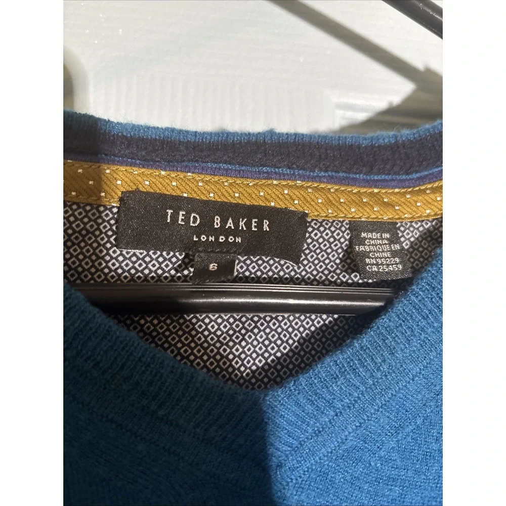 Ted‎ Baker Sweater Men Size 6 XL Wool Blend Knit V-Neck Blue Classic Pullover